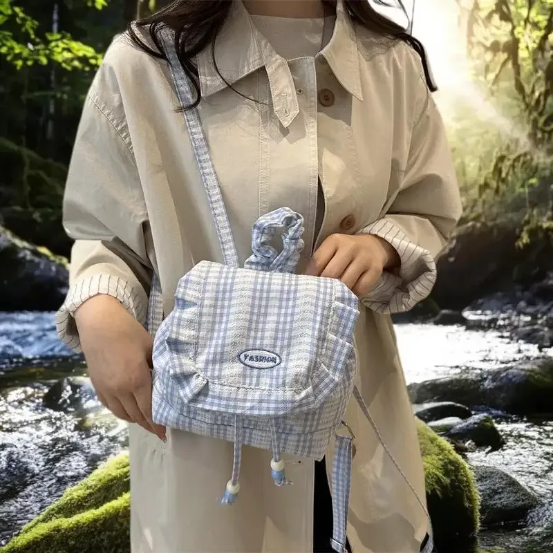 sac à nœud de grande capacité, sac à dos fonctionnel en toile à carreaux en dentelle de style coréen pour les voyages et les livres