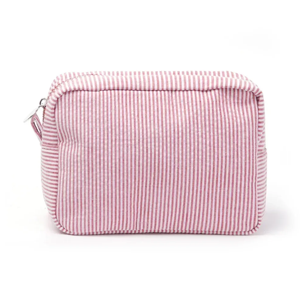 seersucker – sacs à cosmétiques à volants, sacs de rangement à rayures roses/violettes pour femmes, sac de voyage avec fermeture éclair, trousse de maquillage