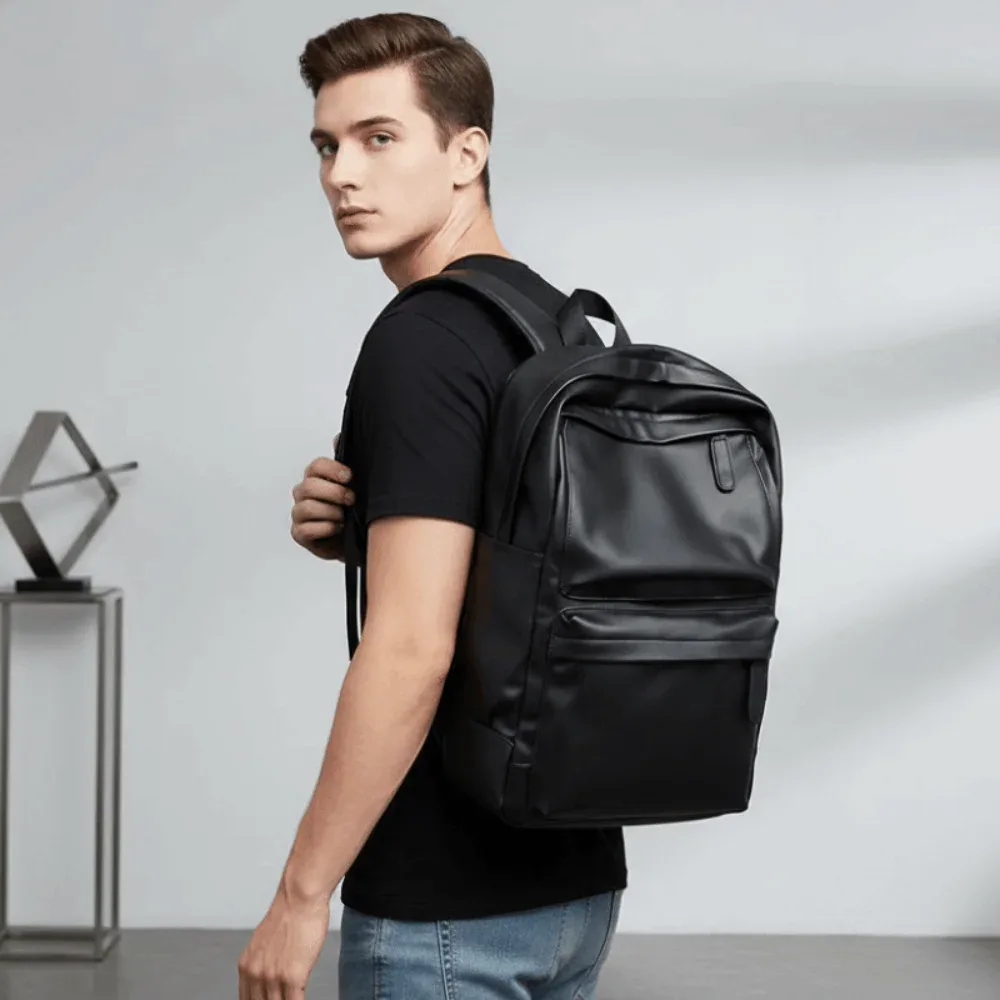 sac à dos en cuir pvc pour hommes, bandoulière rembourrée, résistant à l'eau, sac d'école pour ordinateur portable, finition noire, compartiment pour ordinateur portable
