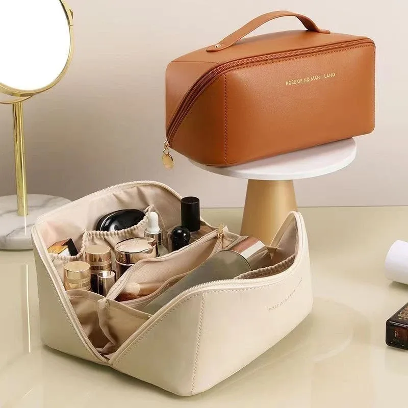 sac à cosmétiques en cuir pu, sacs de rangement de cosmétiques de voyage de grande capacité pour femmes, sac à main portable multifonction, sac de lavage étanche