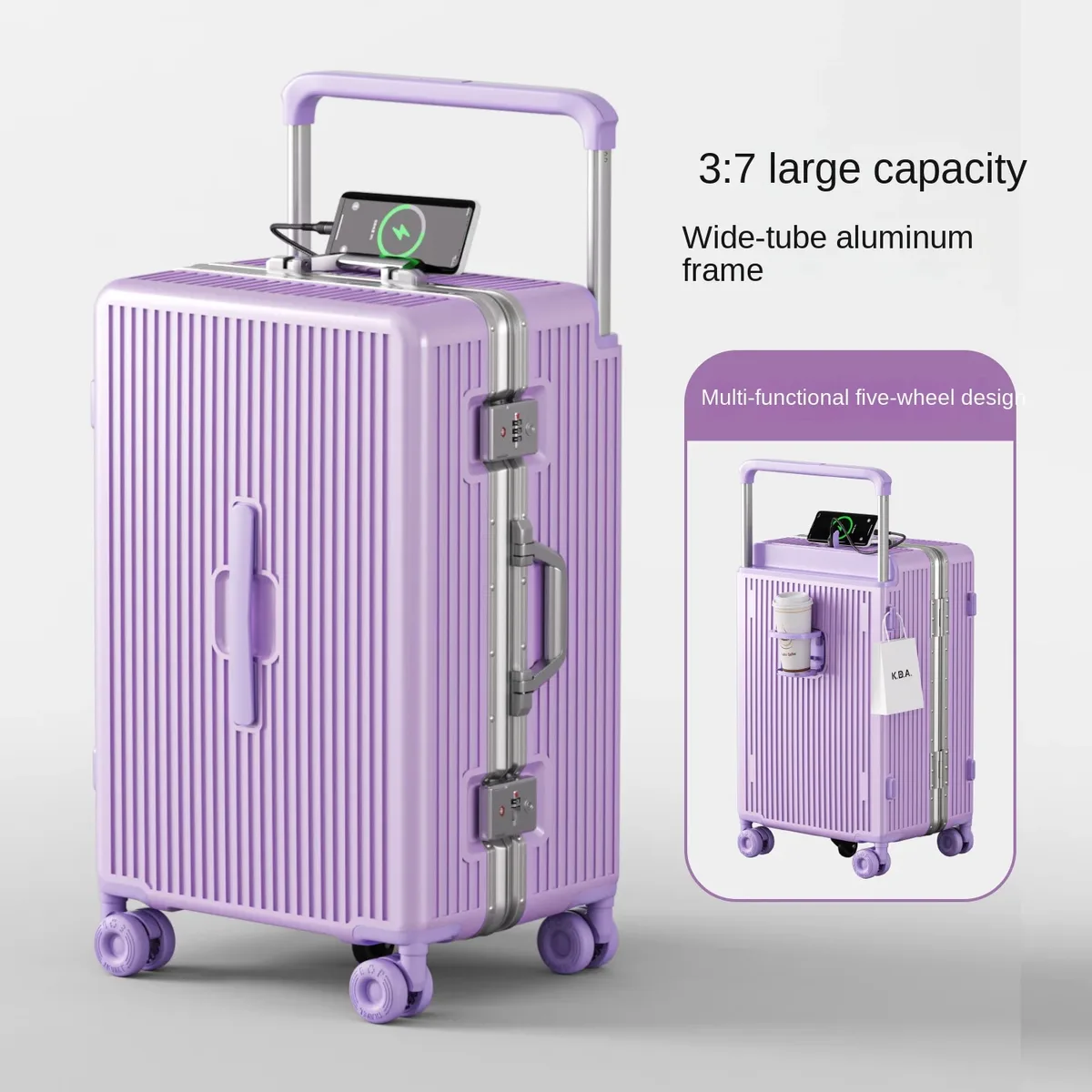 valise ko-ku new 3:7 en aluminium, cadre en aluminium, 20 pouces (bagage cabine) et 28 pouces (grande capacité), avec serrure à code et porte-gobelet.
