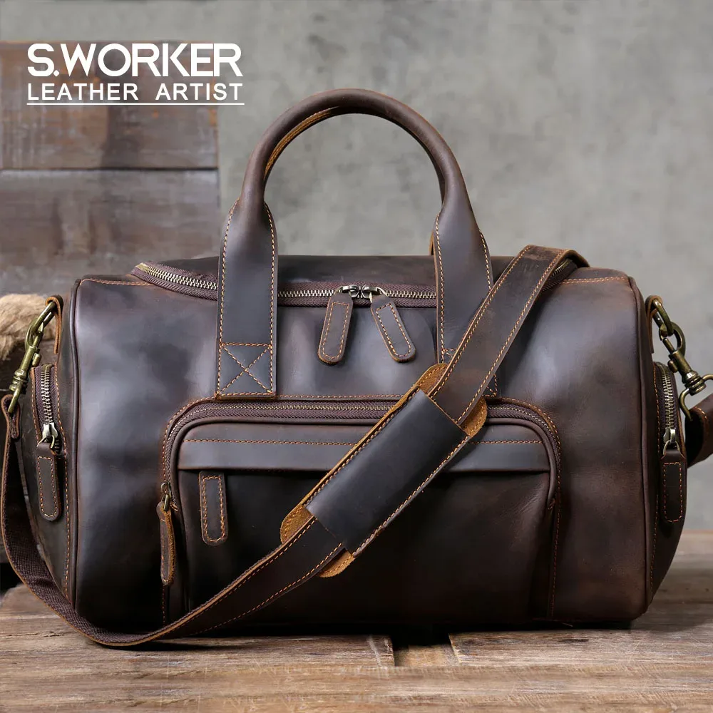 Sac de voyage vintage en cuir véritable S.WORKER, sac de sport en cuir de vachette Crazy Horse, sac de week-end pour homme, sac de gym, bagage à main