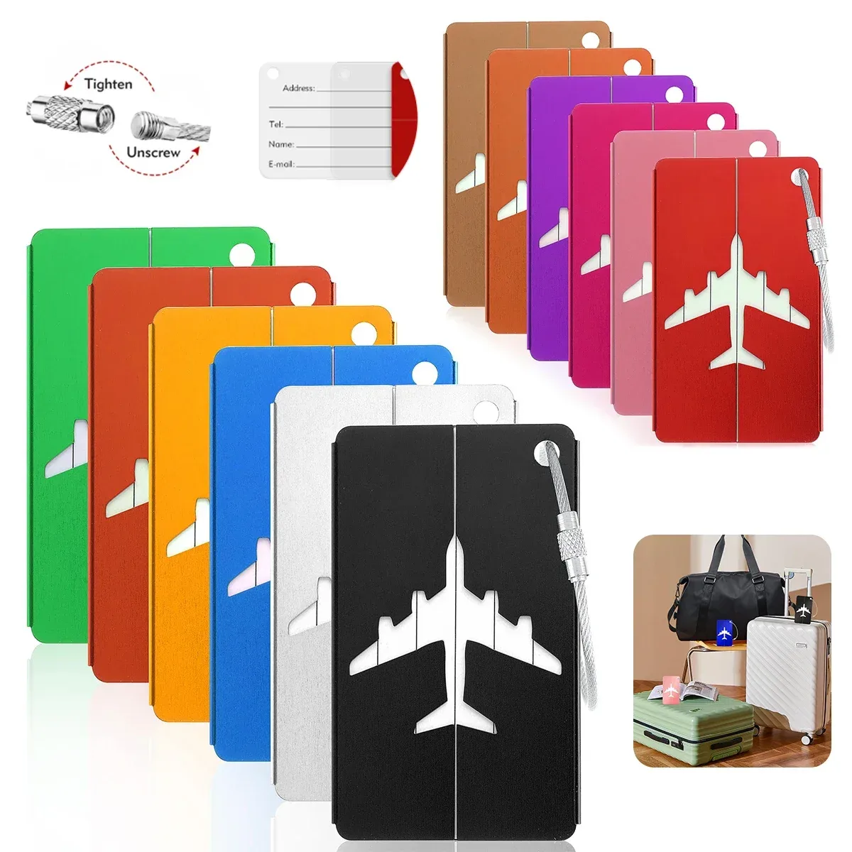 étiquette de bagage de voyage en alliage d'aluminium, étiquette suspendue pour valise, avion avec nom, cartes d'identité, anti-perte, couleur unie, accessoires de voyage