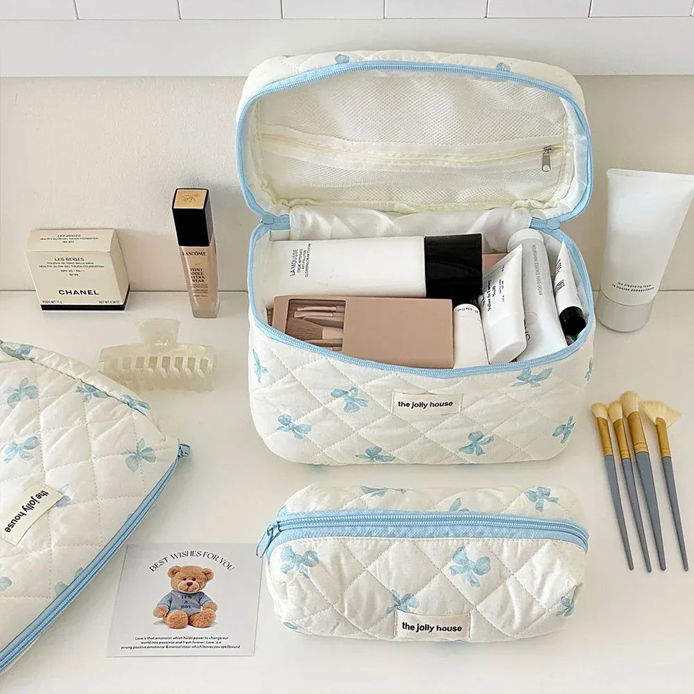 trousse de maquillage en coton matelassé pour femmes, trousse de toilette portable pour filles, trousse de maquillage à fermeture éclair, trousse de toilette à nœud mignon, sac à main pour gril à fleurs