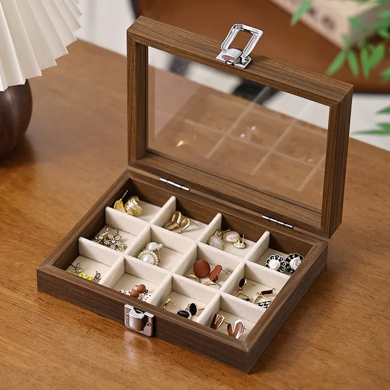 boîte à bijoux motif noyer avec couvercle, étui de rangement pour bagues, boucles d'oreilles, bracelets, chaînes, plateau de présentation en bois dur de style décontracté