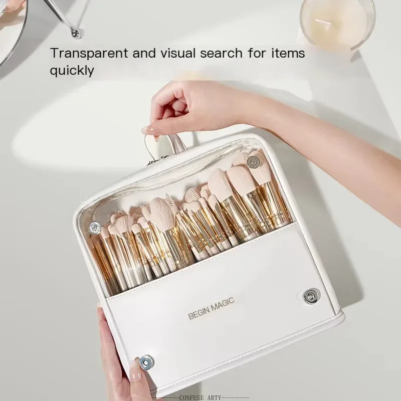 organisateur de pinceaux de maquillage transparent pliable, sac de rangement de cosmétiques de grande capacité avec conception debout, étui à cosmétiques de voyage portable