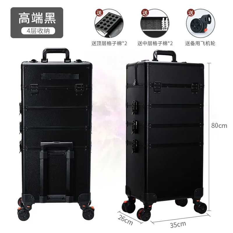 valise de maquillage professionnelle à 2/3/4 niveaux, trolley portable pour cosmétiques, boîte de rangement pour ongles, tatouages, broderies et outils de beauté.