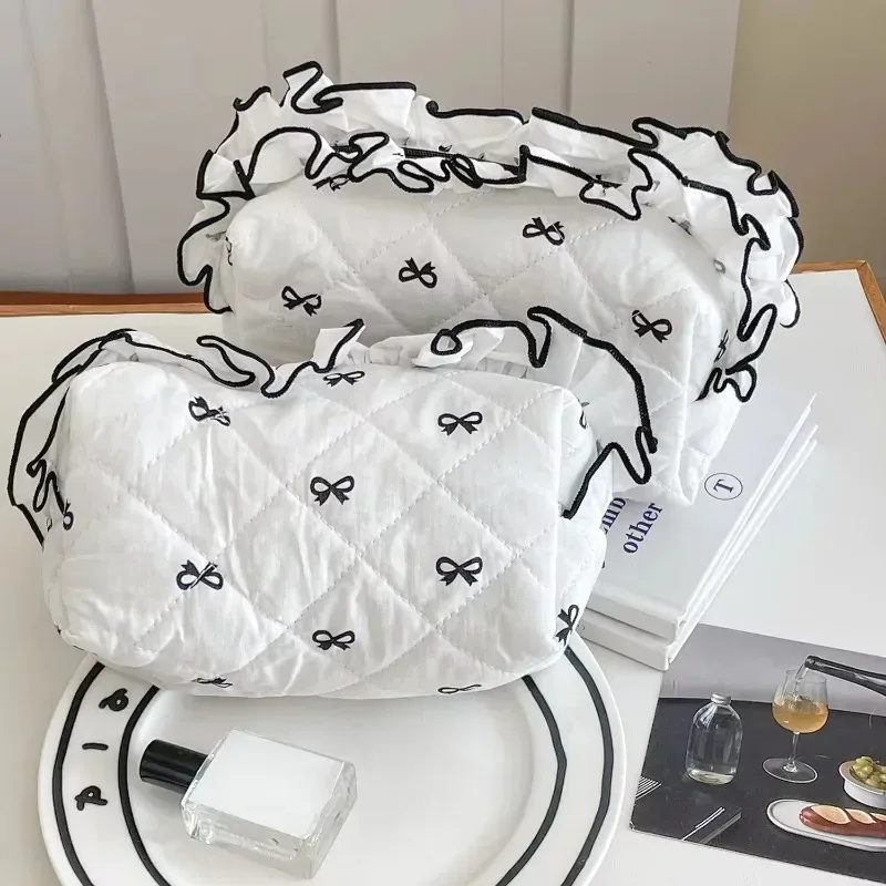 sac de maquillage avec nœud en dentelle pour femmes, sac à cosmétiques portable, sac de rangement de voyage mignon, pochette de toilette de grande capacité, sac à main féminin