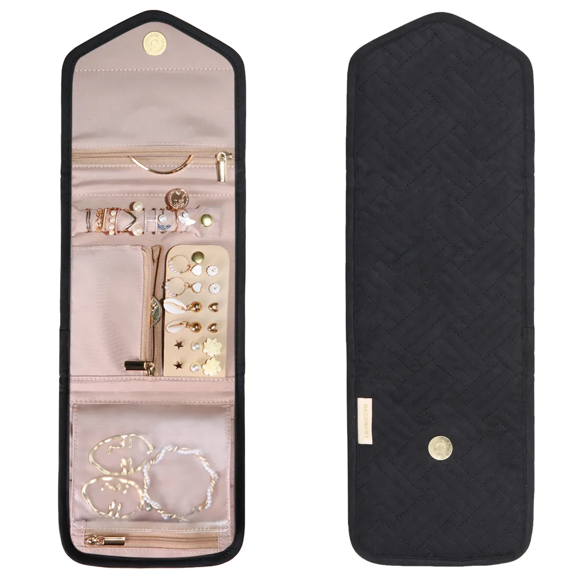 trousse toilette flanelle polyester noire beige geometrique matelasse portable voyage cosmétiques bijoux ornement doré perles blancs