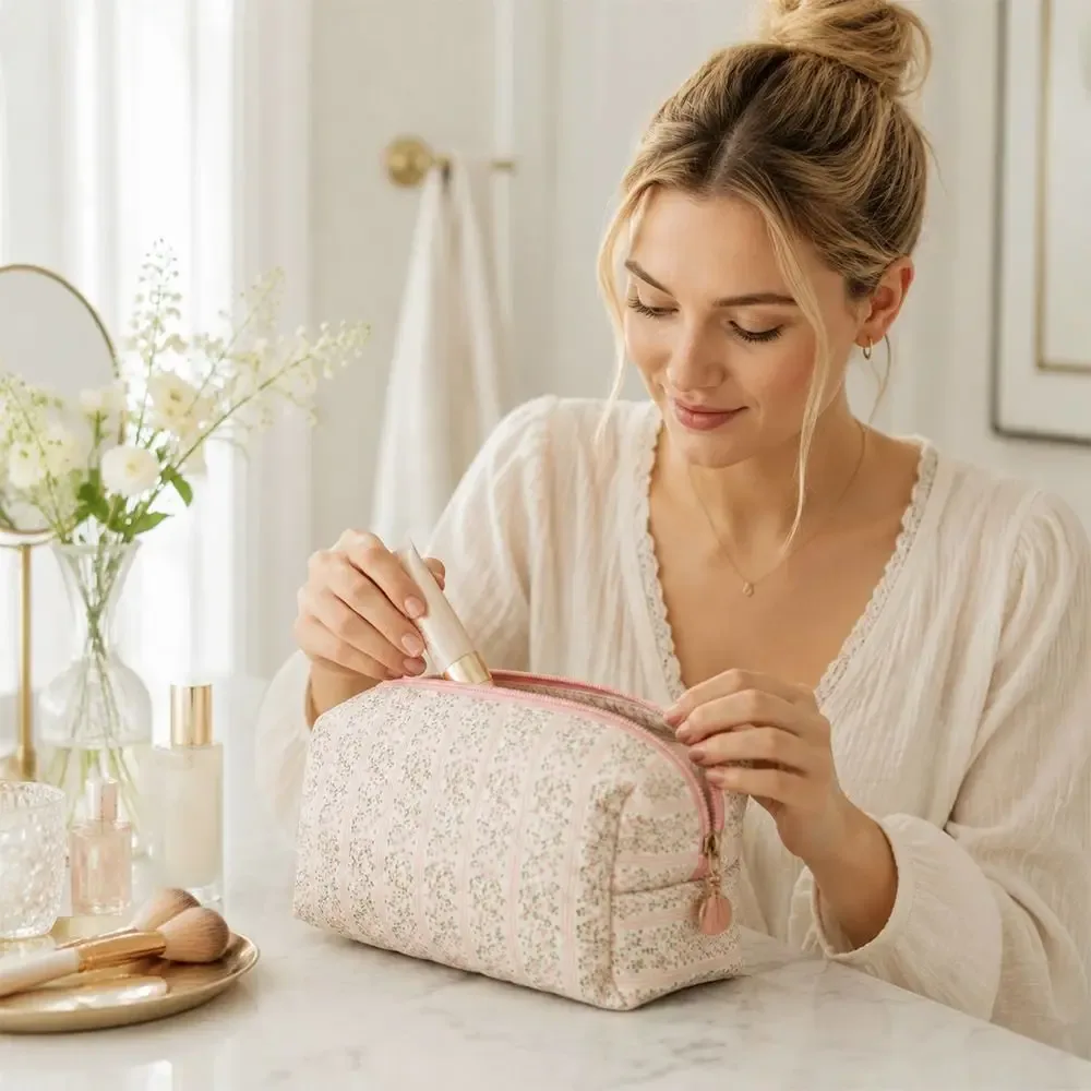 sac de maquillage en coton doux et durable, imprimé floral matelassé, grande capacité, trousse de toilette, organisateur de maquillage pour femmes et filles
