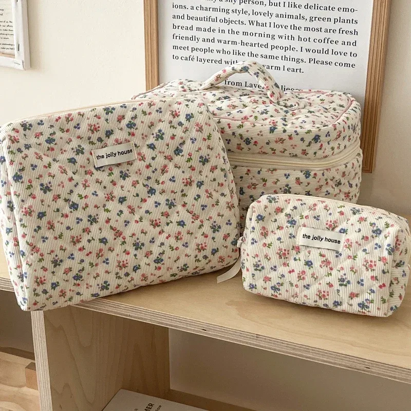 sacs de rangement floraux doux pour femmes, sac à cosmétiques rétro en velours côtelé pour dames, trousse de maquillage portable de voyage, pochette, sacs à main