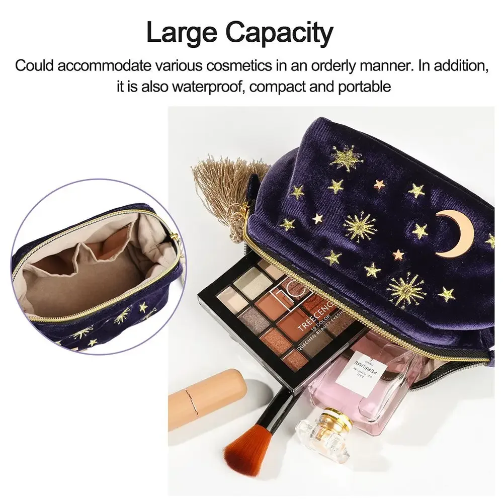 trousse à cosmétiques en velours brodée, motif étoile et lune, trousse de maquillage portable, sac à bijoux exquis, organisateur de voyage, poudres pinceaux