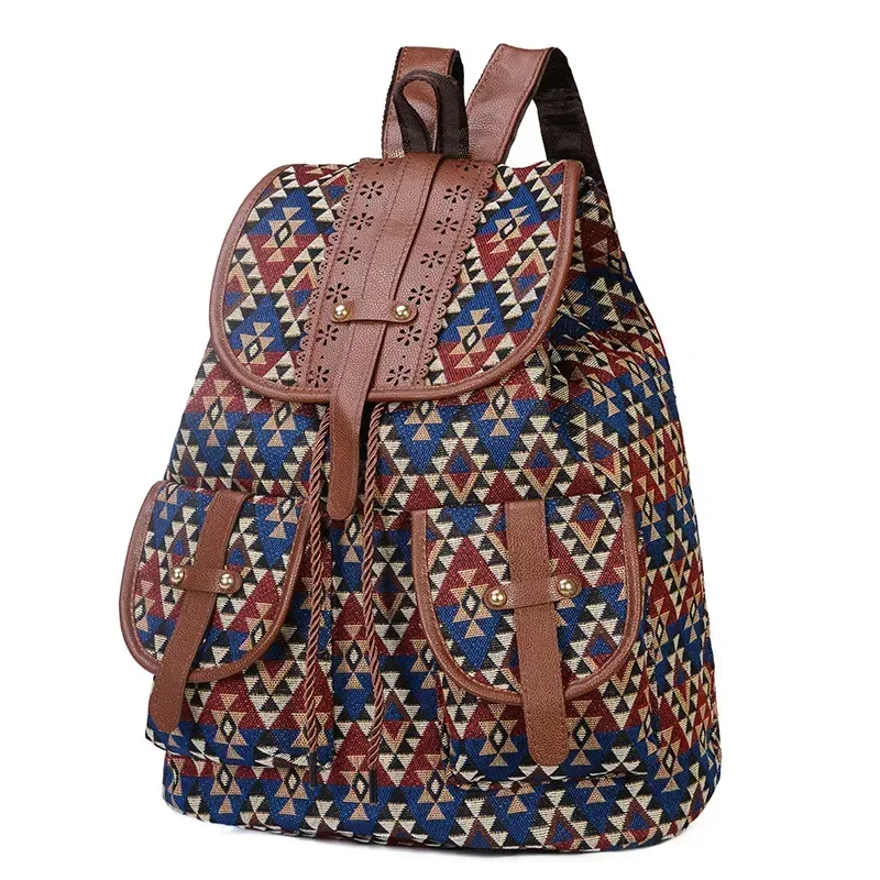 nouveau modèle ethnique rétro sac à dos toile sac à main mode personnalité voyage cordon petit sac à dos 14 pouces sacs à dos de voyage