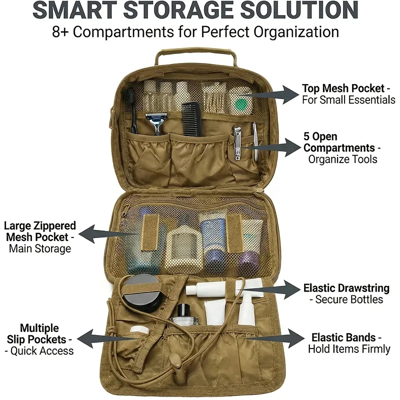 trousse de toilette portable pour homme en tissu oxford kaki, organisateur de voyage multi-poches suspendu pour la pêche en plein air et les courts séjours