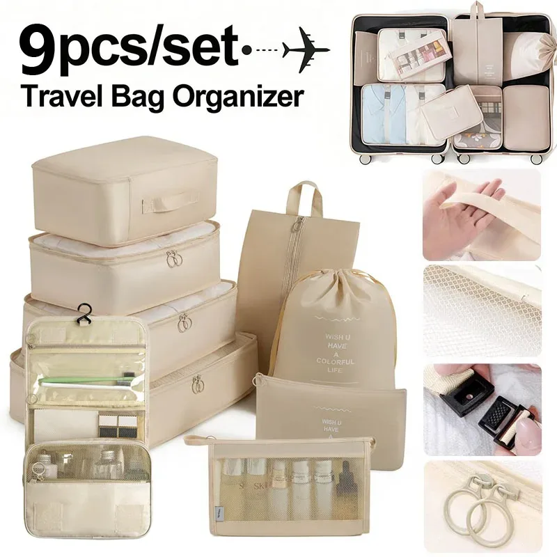 Organisateur Voyage Polyester Beige Clair Compartiments Visibilité Optimal Organisation Vêtements Chaussures Articles Toilette Sac Respirant Ventilation Séchage Rapide Set Pièces Pliable