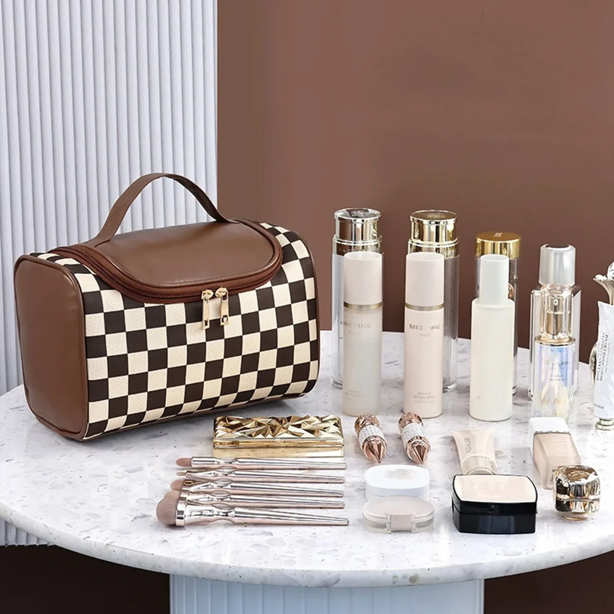 sac de maquillage en pu pour femmes, mignon, organisateur de produits de toilette, pochette de maquillage de voyage étanche, trousse à cosmétiques portable de grande capacité