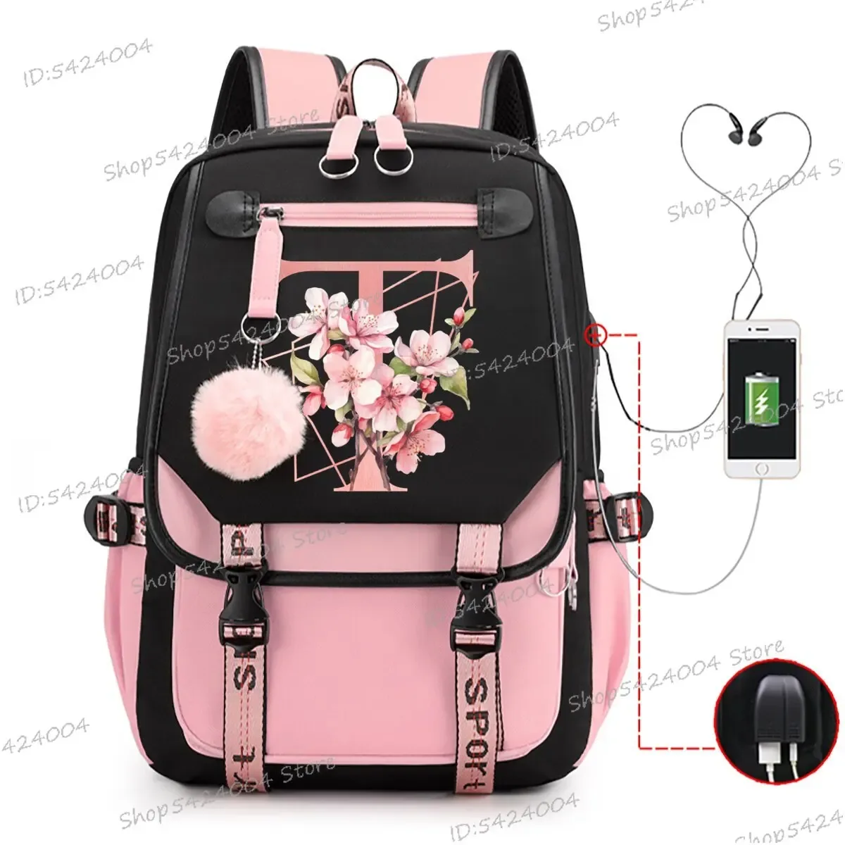 sac dos nylon unisexe rose noir lettre initiale motifs floral personnages voyage adolescents toile interne ordinateur poche fentes compartiments