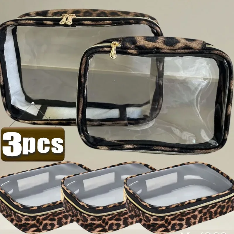 sacs de maquillage transparents imprimé léopard, 1/3 pièces, imperméables, grande capacité, organisateur de cosmétiques de voyage, sac de lavage portable transparent à fermeture éclair