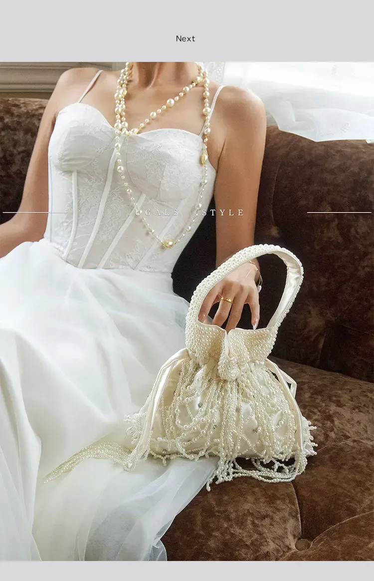 vintage perle perlée longue gland à la main femmes sac à main sac de soirée de mariage pochette sac à main perles perles tissé sac à bandoulière