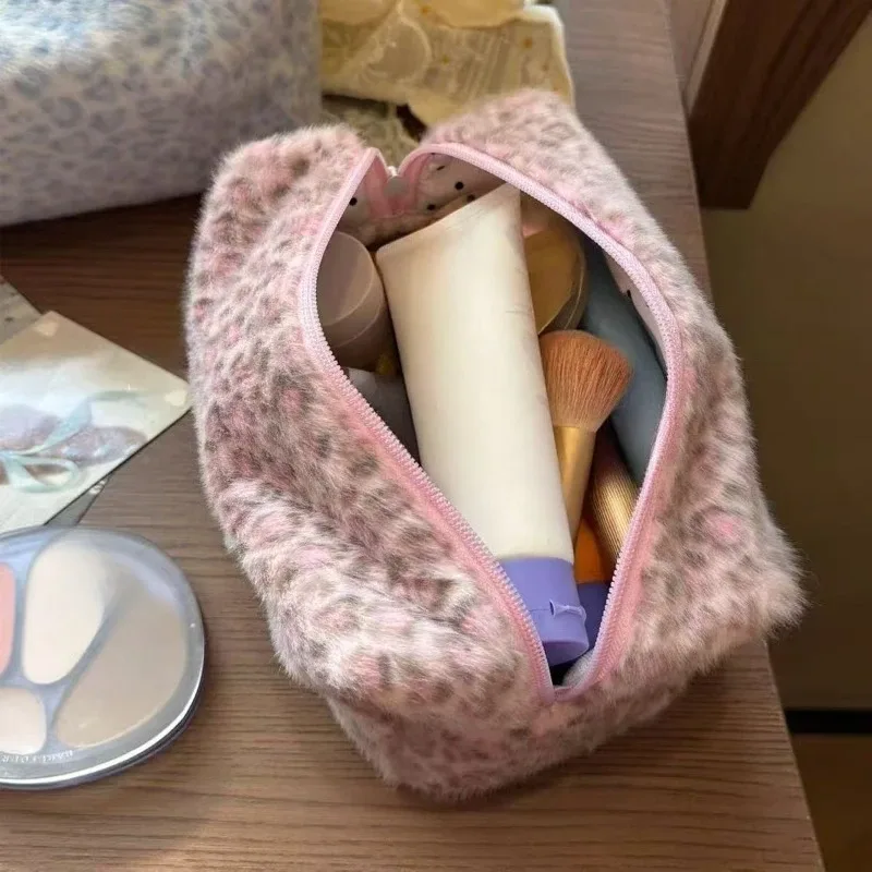 trousse de maquillage grande capacité imprimé léopard rose, organisateur cosmétique rose bleu, pochette de voyage pour filles