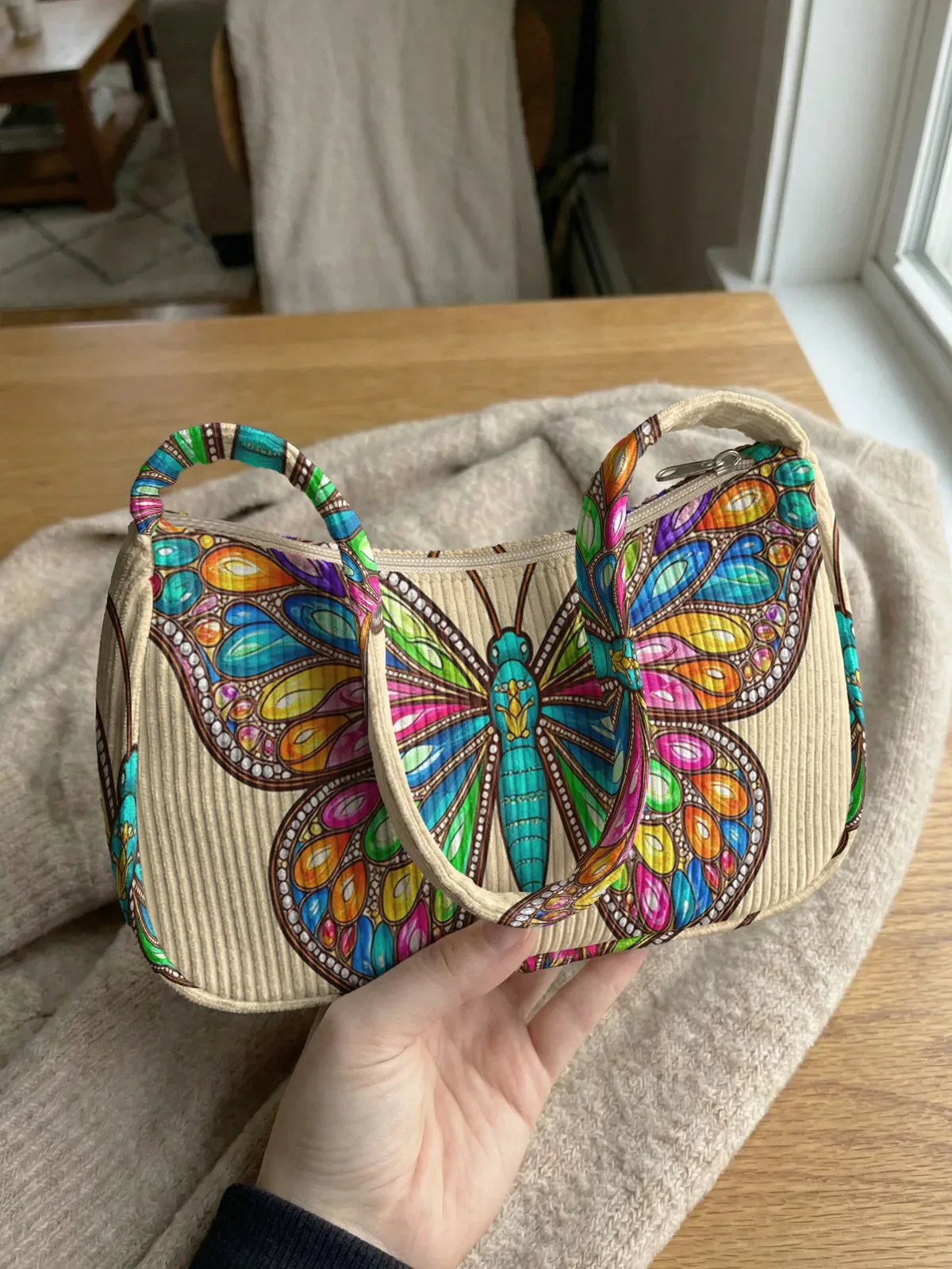 Sac à bandoulière tendance à imprimé papillon coloré, sac sous le bras en velours côtelé beige pour un usage quotidien décontracté