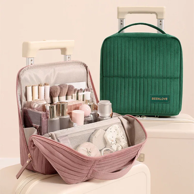 trousse de maquillage verticale, grande capacité, organisateur de cosmétiques portable, trousse de toilette de voyage avec poignée, étui à cosmétiques portable pour femmes