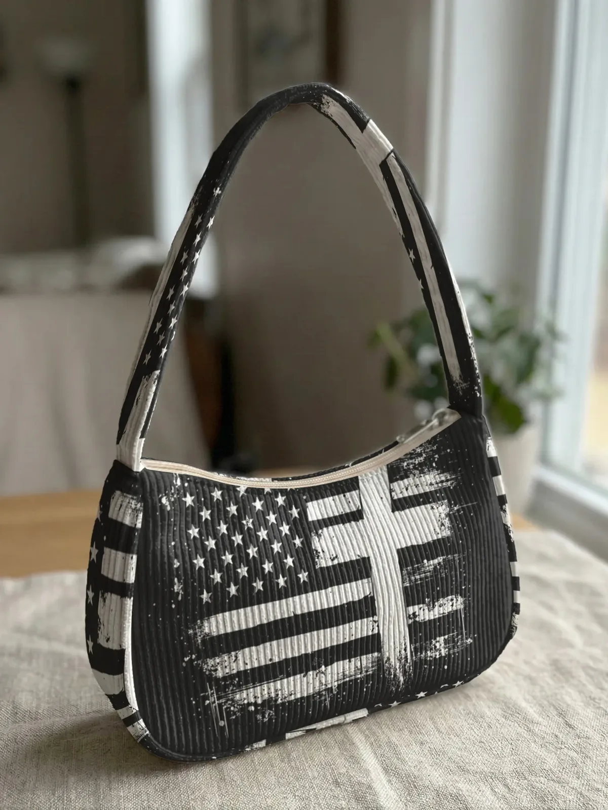 sac à bandoulière tendance imprimé drapeau américain vieilli, sac sous le bras en velours côtelé pour usage quotidien décontracté