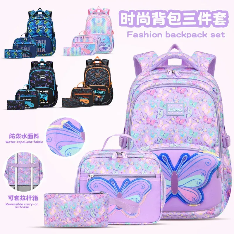 sac à dos scolaire pour filles, 3 pièces/ensemble, avec sac à déjeuner et trousse à crayons, sac à dos mignon en forme de papillon, sac à dos pour élèves du primaire et du collège