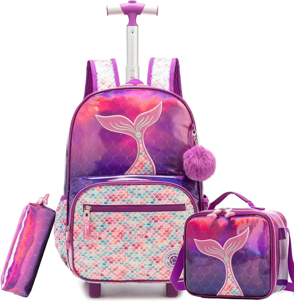 sac dos polyester dessin animé rose bleu queue sirène poissons ordinateur compartiments roues silencieuses école enfants