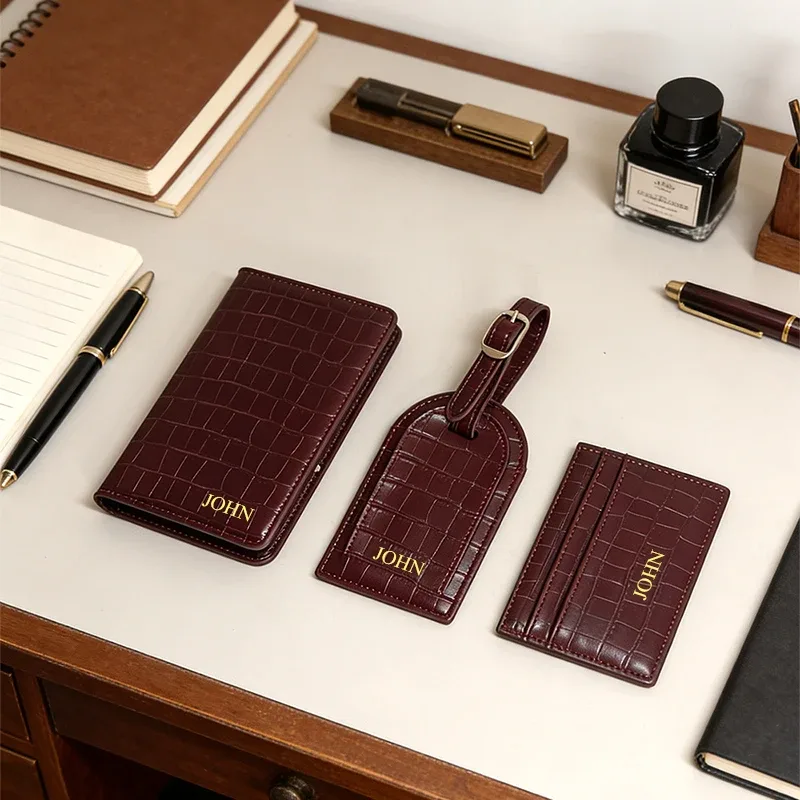 porte-passeport en cuir à motif crocodile, étiquette de bagage personnalisée avec gravure d'initiales, porte-cartes rétro de luxe, cadeau
