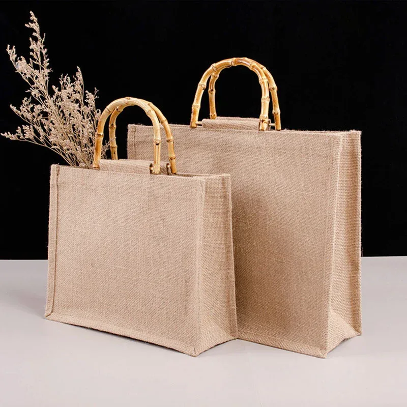 sac fourre-tout en toile de jute imperméable vintage, sacs en bambou, sac à main beige décontracté de grande capacité, sacs de plage portables, sacs d'évaluation de voyage