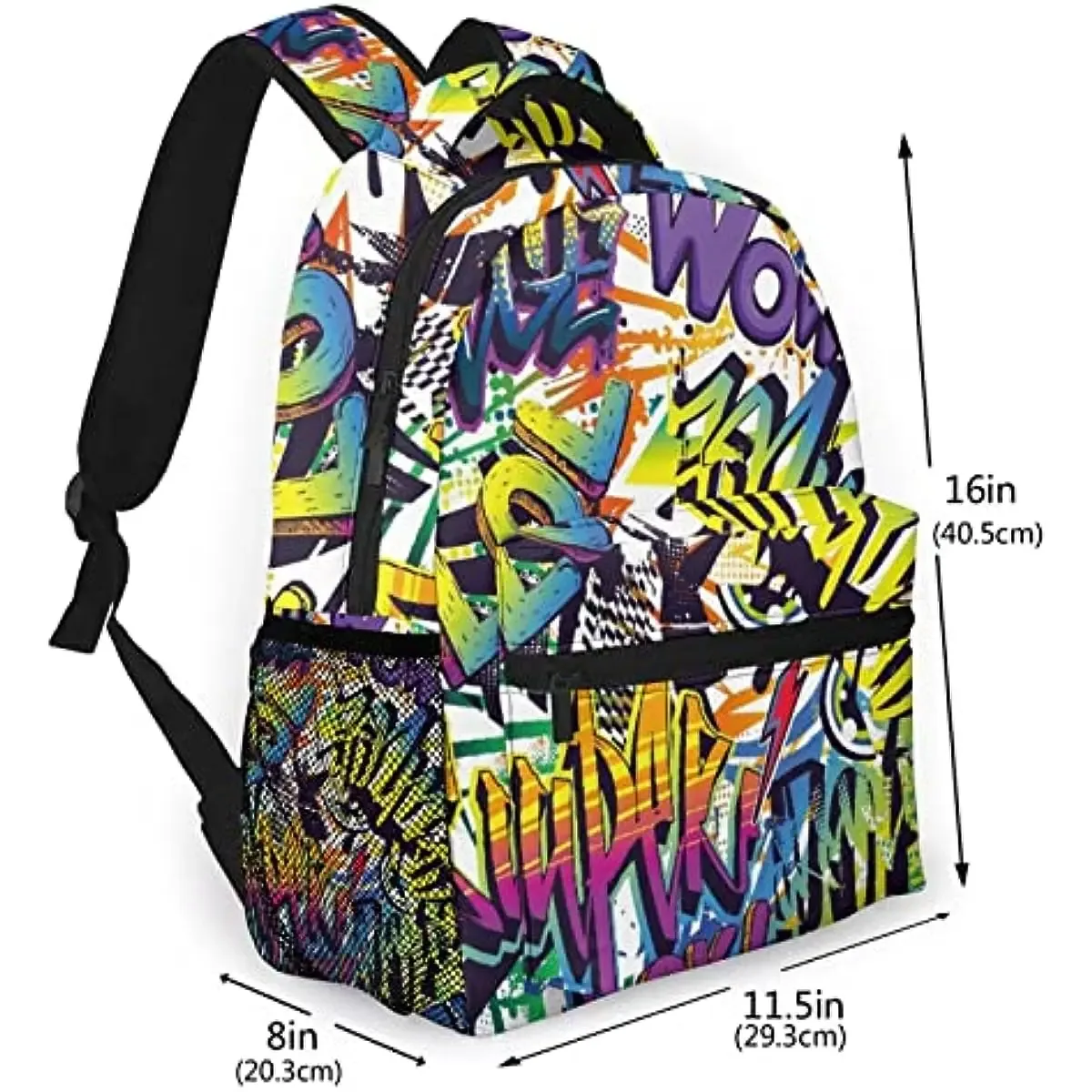 sac à dos multi-loisirs sr avec motif de bande dessinée abstraite, style graffiti urbain, texte, yo pop, super grunge, wow, voyage, sports, école