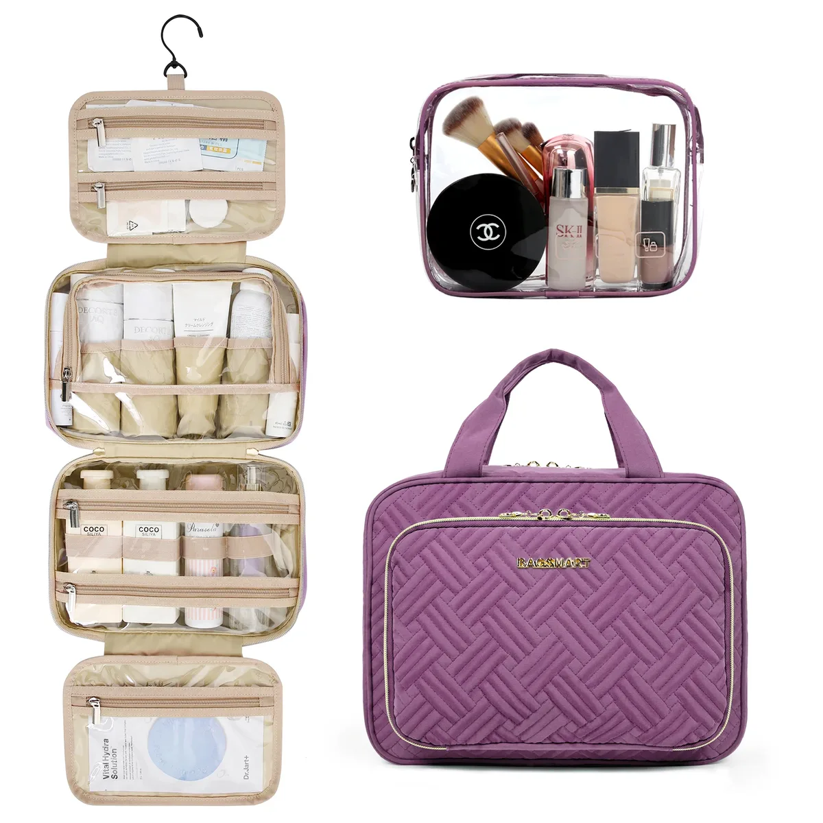 trousse toilette pvc turquoise géométrique bandes dorées poignée amovible compartiments zips voyage cosmétiques maquillage