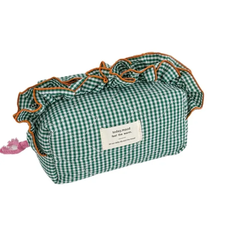 trousse de maquillage rétro à carreaux vichy grande capacité pour femme, pochette de voyage pour cosmétiques avec bord festonné et fermeture à nœud en ruban