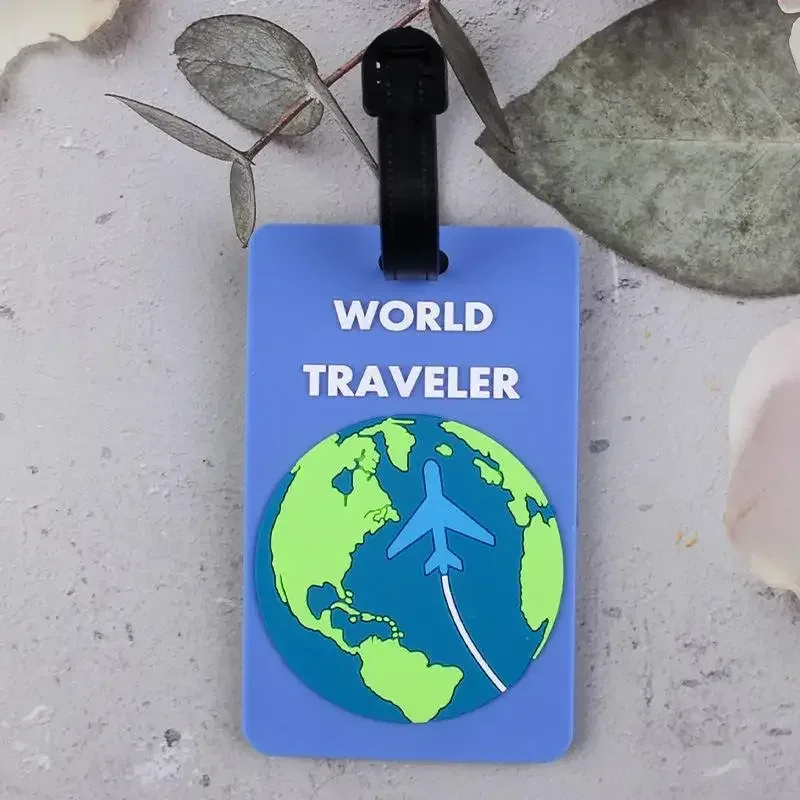 étiquette bagage plastique motif world traveler my tour avion bleu rouge rose vert marron identité voyage croisière