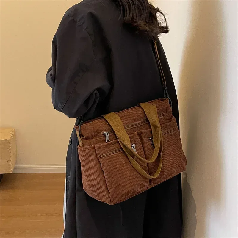 sacs messagers décontractés en velours côtelé, grande capacité, sac à bandoulière portable pour maman, fourre-tout de camping multicouches