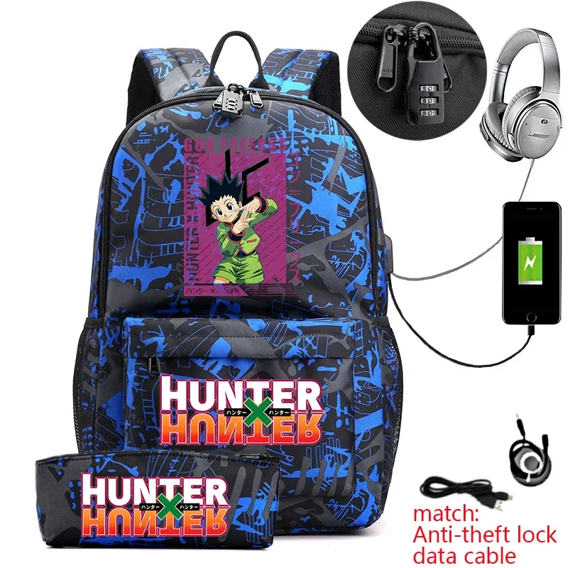 sac à dos hunter x hunter anime pour étudiants, sac à dos antivol décontracté avec trousse à crayons pour garçons et filles, sac d'école