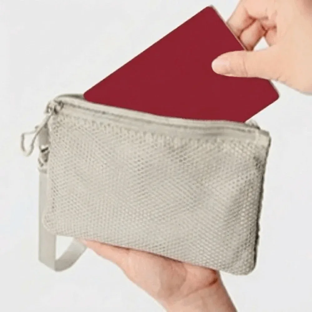 sac de rangement léger en maille, sac cosmétique en polyester de couleur unie avec fermeture éclair, porte-monnaie multifonctionnel, sac de rangement de voyage