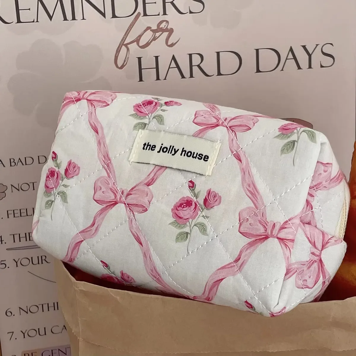 sac de maquillage en coton matelassé avec nœud mignon pour femmes, organisateur de cosmétiques à fermeture éclair, sac à main en tissu, trousse de toilette portable pour filles
