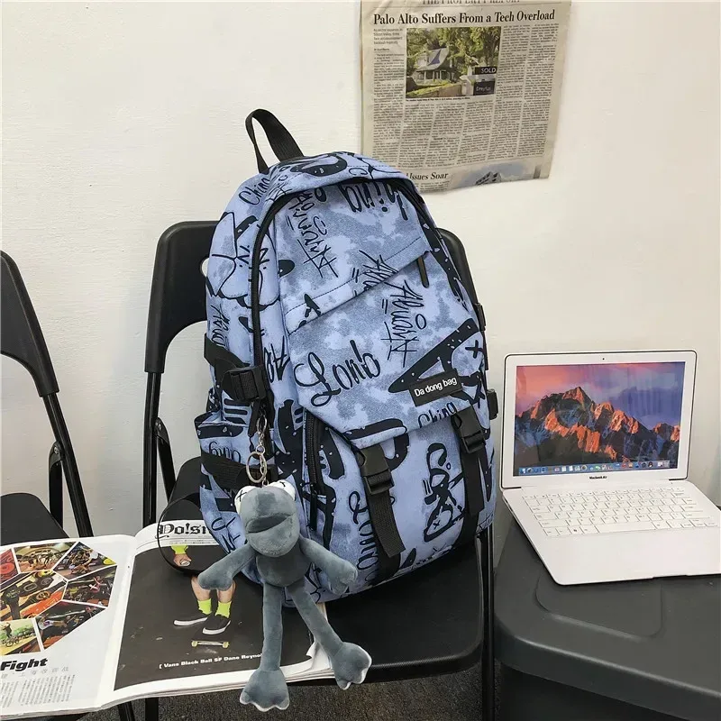 sac dos toile polyester camouflage géométrique brodé ceinture air black white blue voyage décontracté