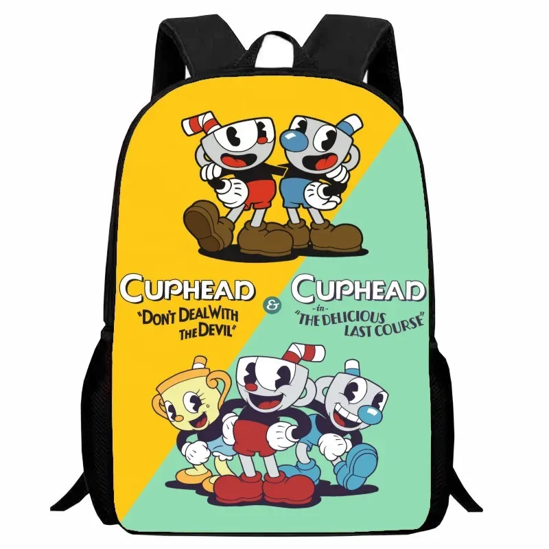 Sac Dos Nylon Illustration Cuphead Mugman Poses Fond Jaune Vert Personnages Couleurs Vivaces Tissu Poignées Noires Plastique Usage Scolaire Voyage