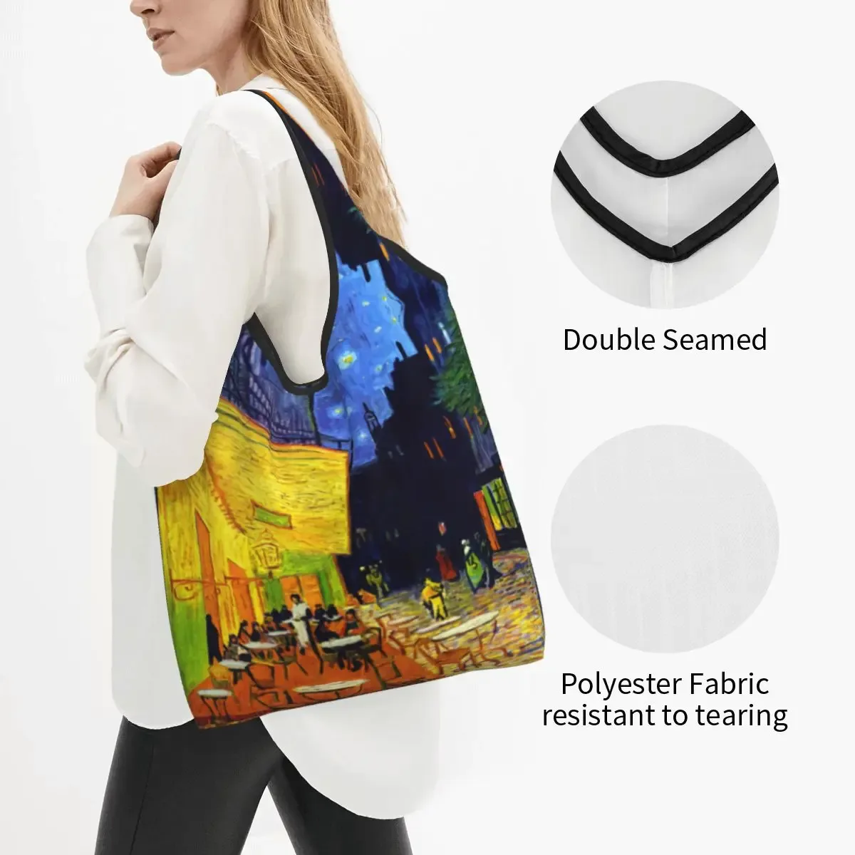 sac fourre-tout portable personnalisé drôle 73 terrasse la nuit, peinture de vincent van gogh, sac d'épicerie initié