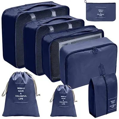 organisateur voyage polyester beige clair tissu imperméable poches maille transparente fermetures glissière poignées intégrées grande taille