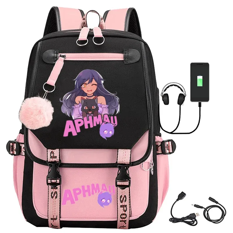sac dos toile noire broderie fille chat bleu texte aphmau rose bandes latérales cuir sport poche rabat décontracté