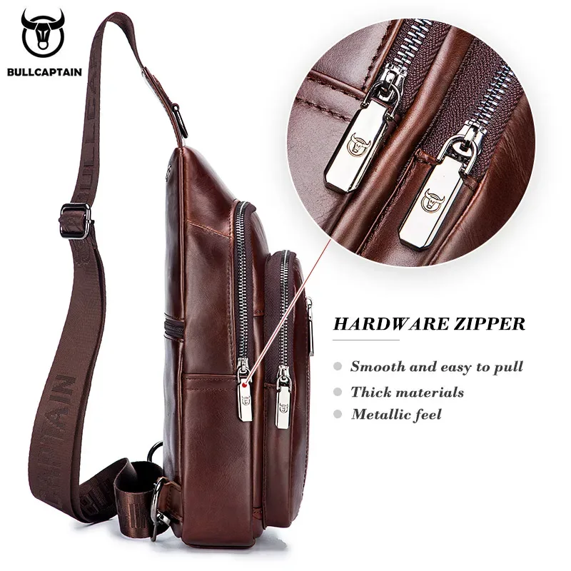 bullcaptain-sac de poitrine en cuir véritable pour homme, sac à bandoulière multifonctionnel, sac de poitrine de musique, mode loisirs
