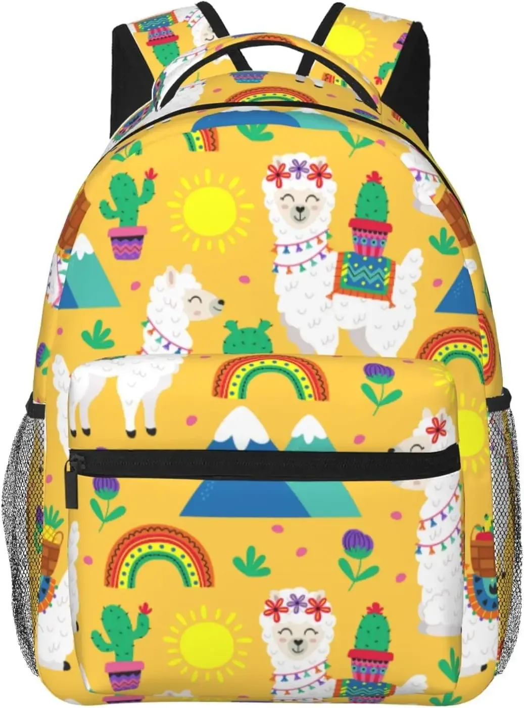 sac dos polyester noir motif lamas fruits vert pastel format rectangulaire sangle chaîne fermeture éclair poche intérieure zippée usage voyage école université