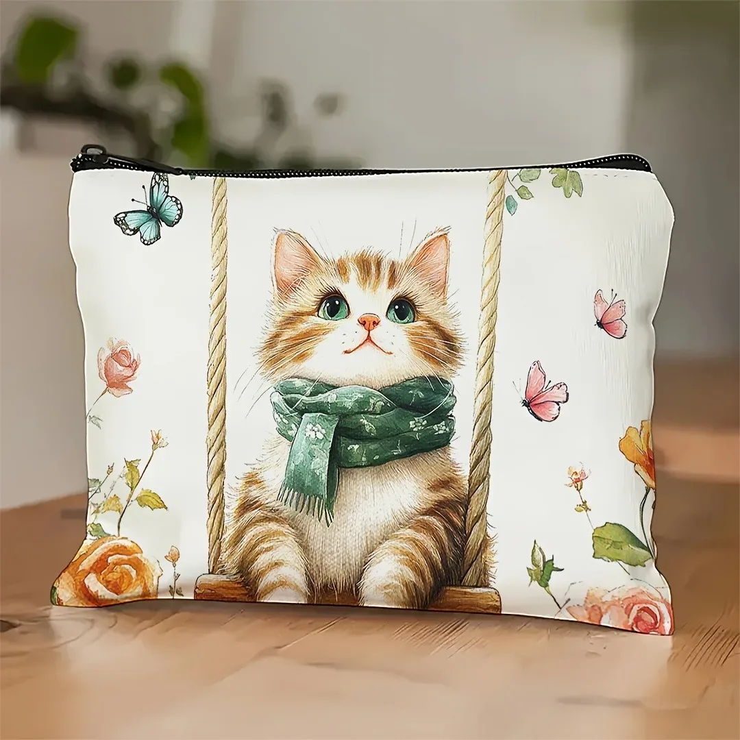 un sac de maquillage avec moustaches de chat heureux, sac à cosmétiques, organisateur de maquillage léger et pliable avec fermeture éclair pour sac de rangement de voyage