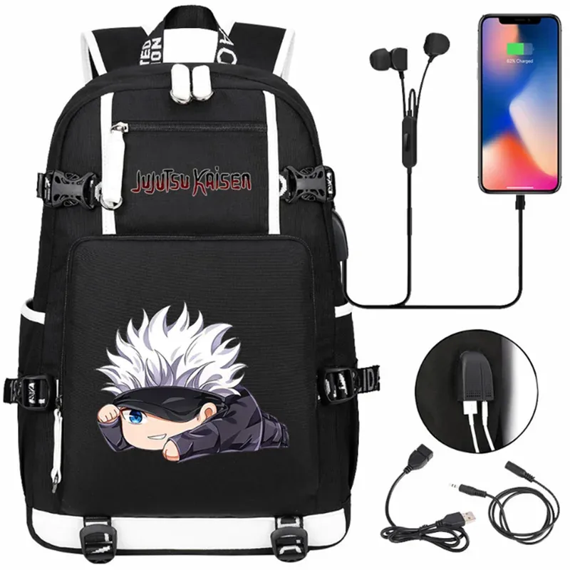 jujutsu kaimmer-sacs à dos college pour hommes et femmes, cartable anime pour adolescents, port de charge usb décontracté, sacs d'extérieur pour ordinateur portable, noir, mochila
