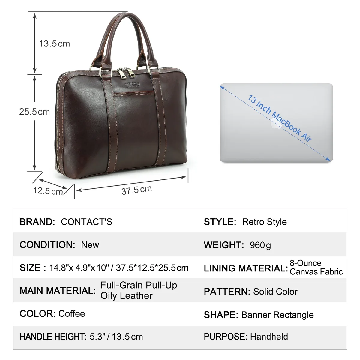 sacs d'affaires en cuir véritable contact's pour hommes, petite mallette de bureau, porte-documents, sac à main pour ordinateur portable pour macbook air 13 pouces