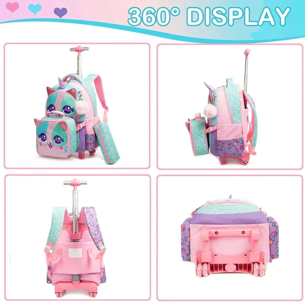 interrupteur sac à dos à roulettes pour filles, sacs à dos à roulettes pour élèves du primaire, bagages de voyage 3 en 1, valise à main, 3 pièces